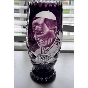 Amethyst Cut to Clear Crystal Vase Etched Portrait Pope John Paul II Jan Pawel